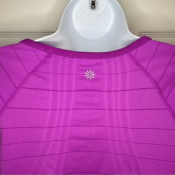 Athleta Fastest Track Ruched Stripe Tshirt Short Sleeve Pinkish Purple M - Picture 8 of 10